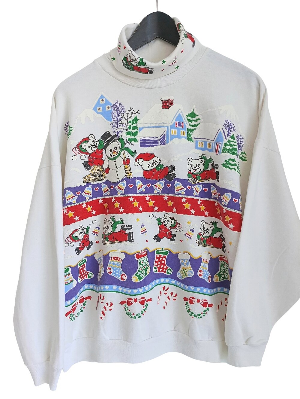 VTG 90s Christmas Bear Snowman Turtleneck Sweatshirt White L